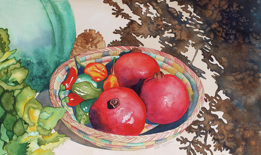 Still Life Painting - Pomegranates in Basket by Eunice Olson