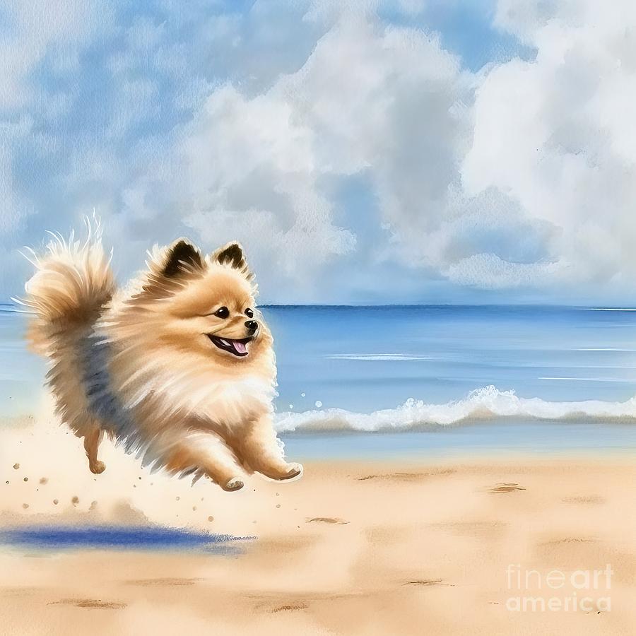 Summer Painting - Pomeranian at beach by N Akkash