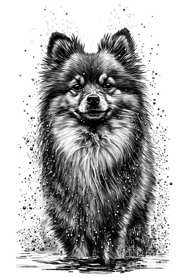 Pomeranian Dog Ink Drawing In Splash of Inked Black and White Animal ...