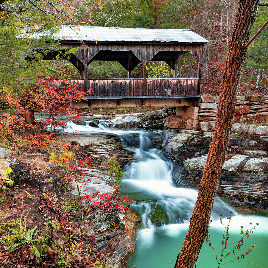 Ponca Creek Falls and Covered Bridge in Autumn - Boxley Valley Photograph by Gregory Ballos