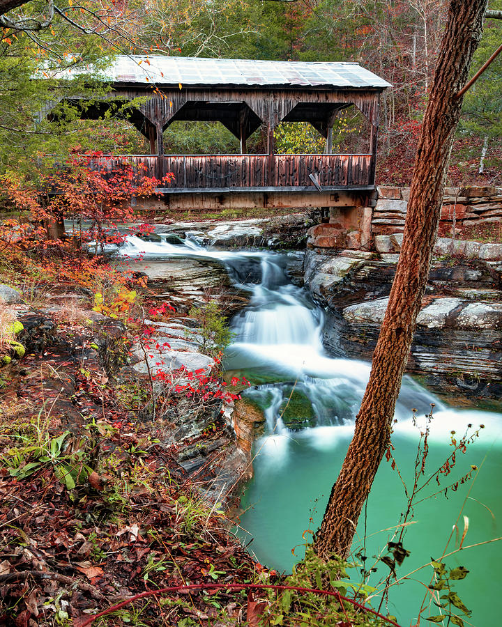 Ponca Creek Falls and Covered Bridge in Autumn Photograph by Gregory Ballos