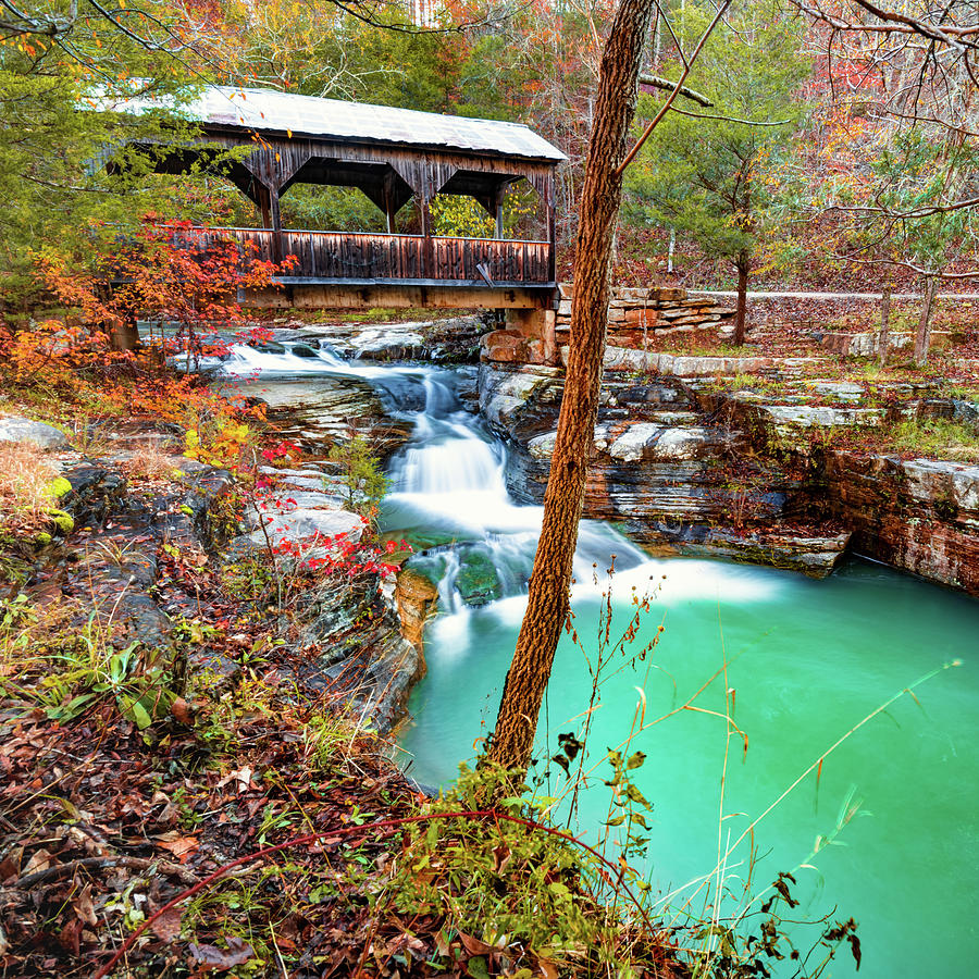 Ponca Creek Falls and Pond and Covered Bridge - Boxley Valley Arkansas Photograph by Gregory Ballos