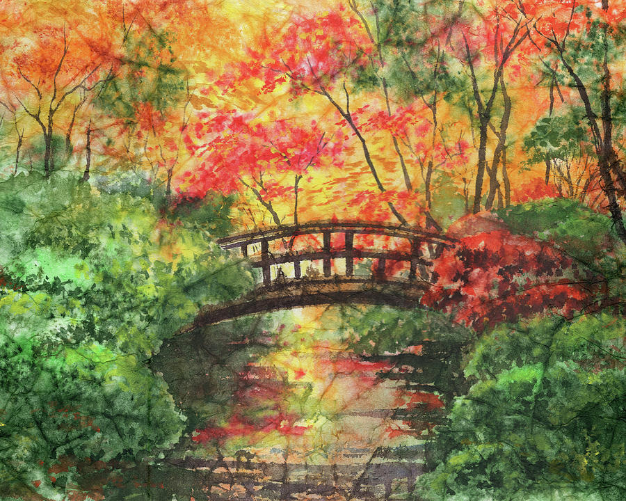 Pond Bridge Fall Japanese Garden Portland Oregon Watercolor  Painting by Irina Sztukowski