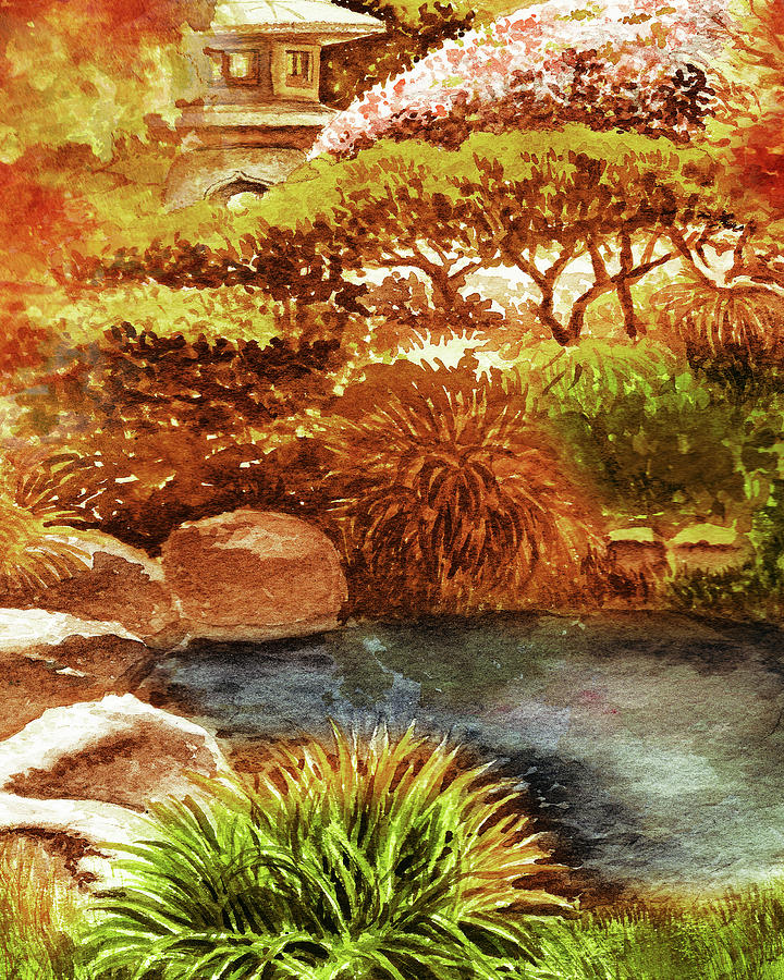 Pond In The Fall Park Autumn Watercolor Landscape  Painting by Irina Sztukowski