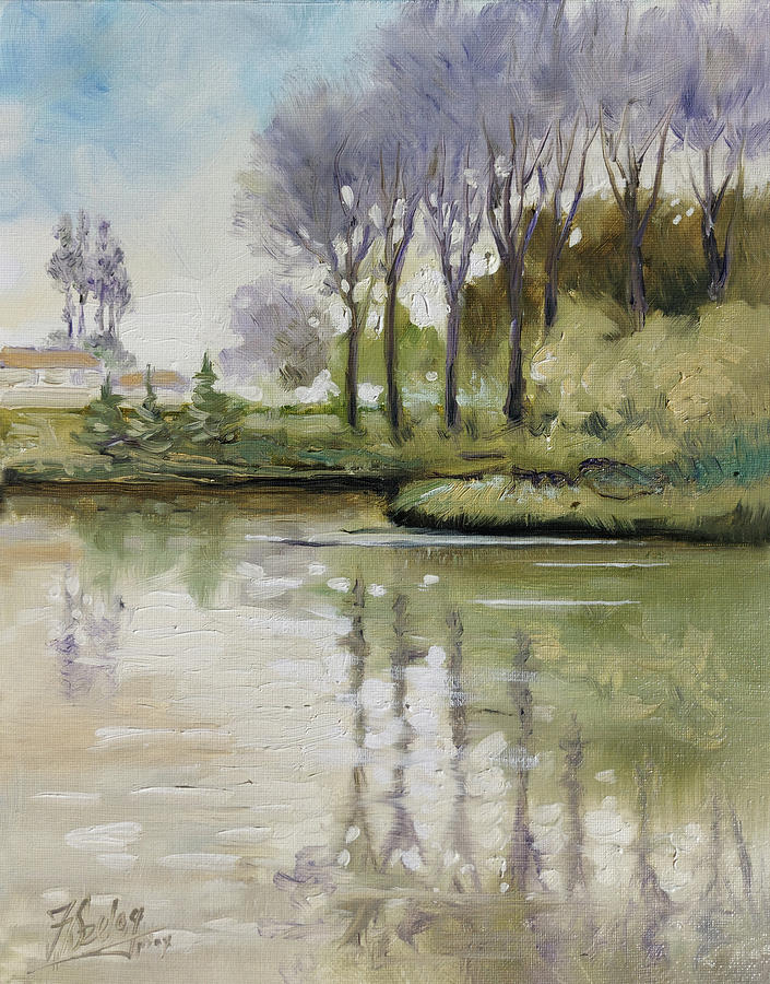 Pond - trees reflection Painting by Irek Szelag
