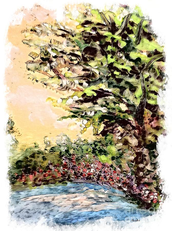 Pond Trees And Flowers In The Sunlight Painting