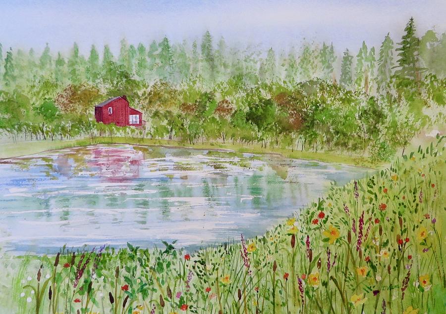 Pond View of the Little Red House Painting by Denise Van Deroef