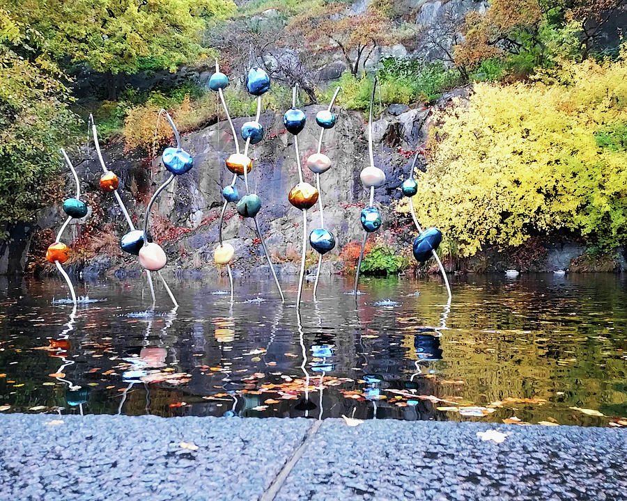 Pond With Ducks And Bead Seeds Statues Skansen Park Djurgarden Island Stockholm  Digital Art by Irina Sztukowski