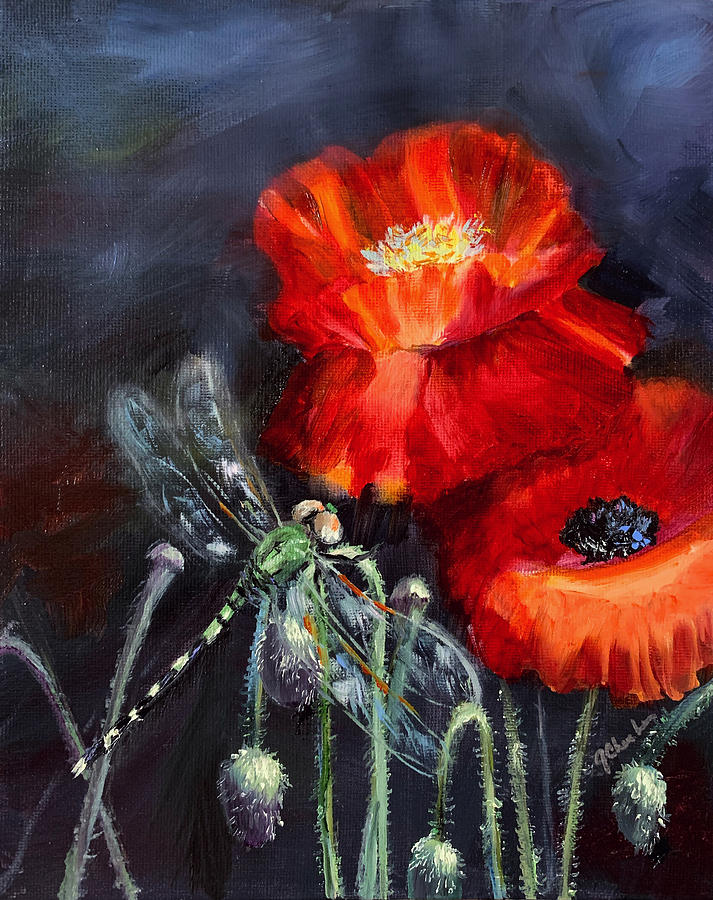 Pondhawk with Poppies Painting by Jan Chesler
