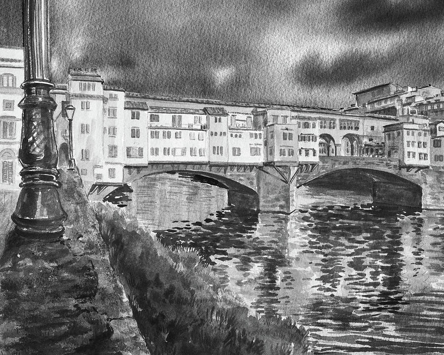 Ponte Vecchio Florence Italy In Gray Black And White Watercolor Painting by Irina Sztukowski