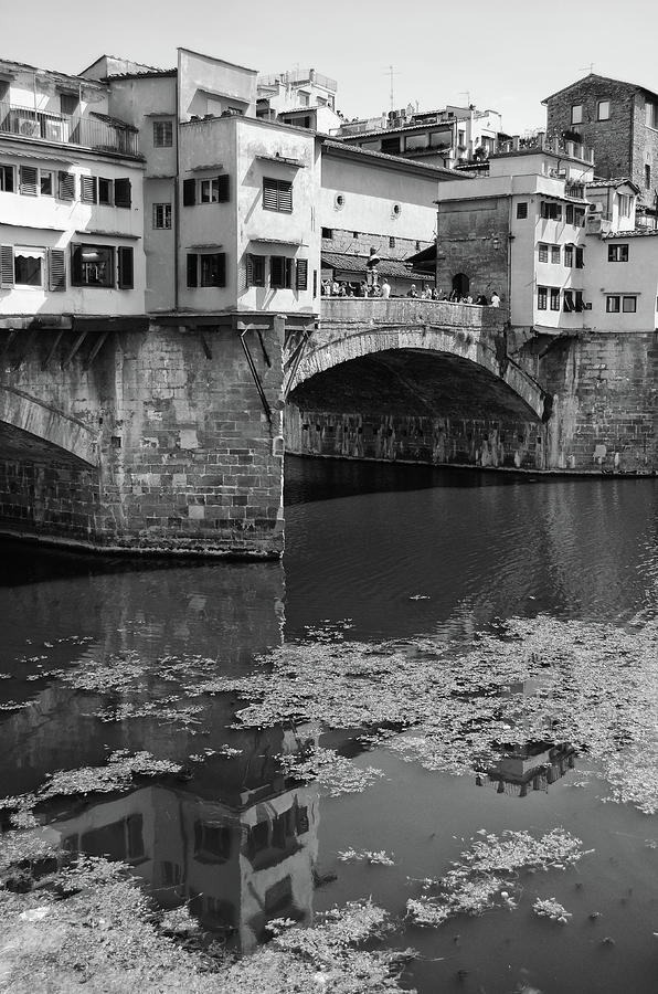 Ponte Vecchio Reflected in River Arno Florence Italy Black and White Photograph by Shawn OBrien