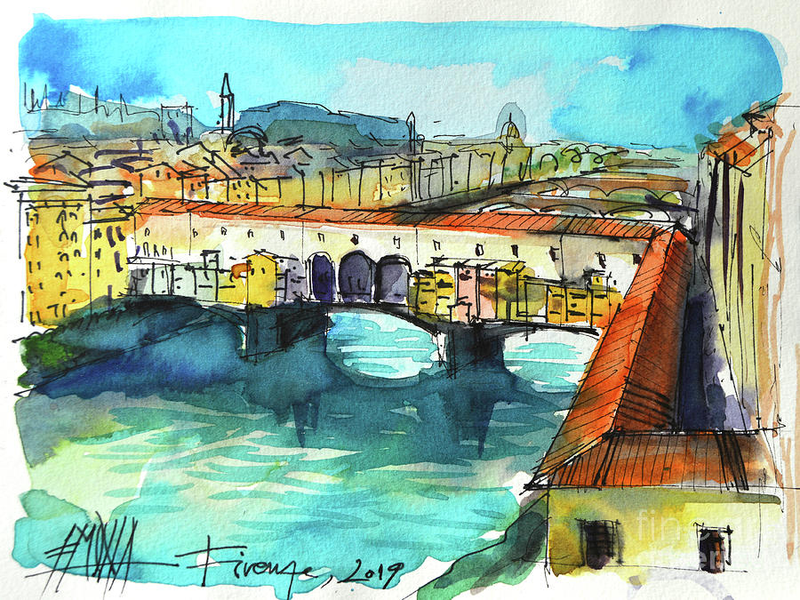 Bridge Painting - PONTE VECCHIO VIEW FROM UFFIZI GALLERY watercolor painting Mona Edulesco by Mona Edulesco