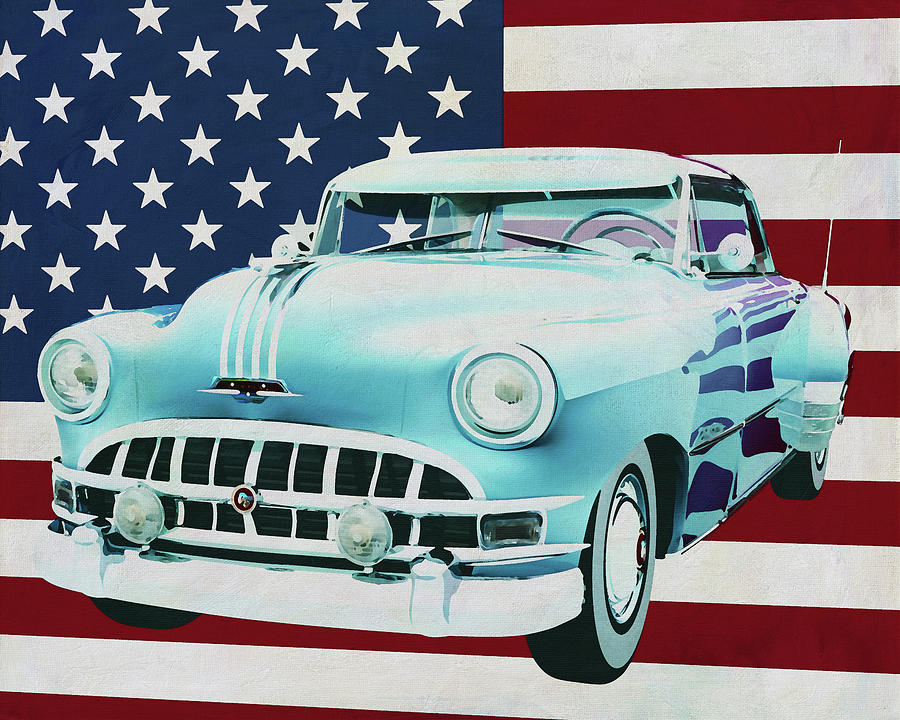 Pontiac Chieftain Hard Top with casket 1950 with flag of the U.S.A. Painting by Jan Keteleer