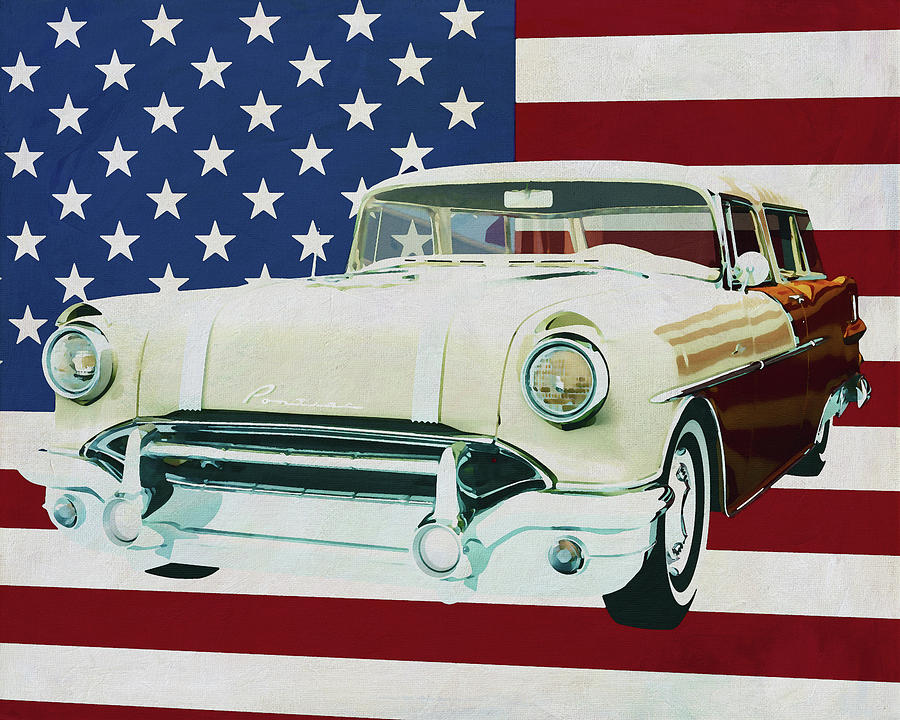Pontiac Safari Station Wagon 1956 with flag of the U.S.A. Painting by Jan Keteleer