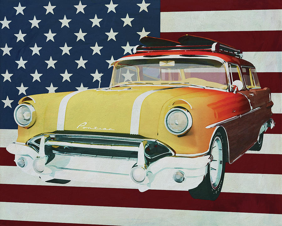 Pontiac Safari Station Wagon Surfer Edition 1956 with flag of the U.S.A. Painting by Jan Keteleer