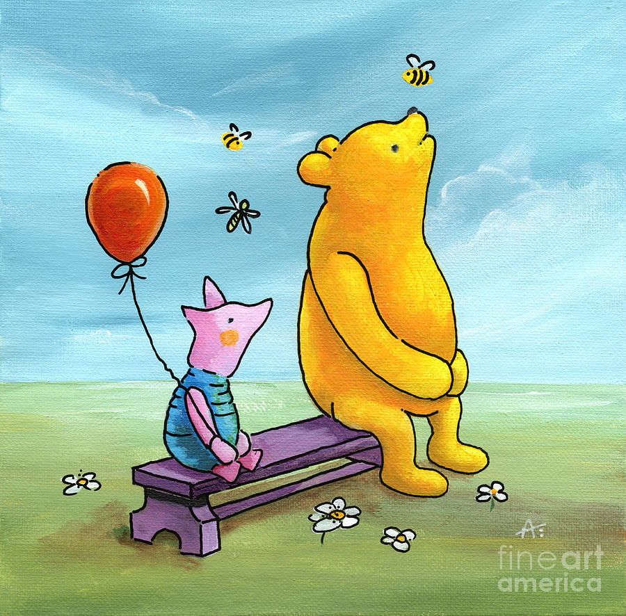Pooh and Piglet on a Bench Painting by Annie Troe