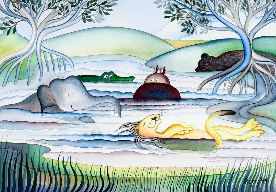 Animal Painting - Pool Animals by Romy Muirhead