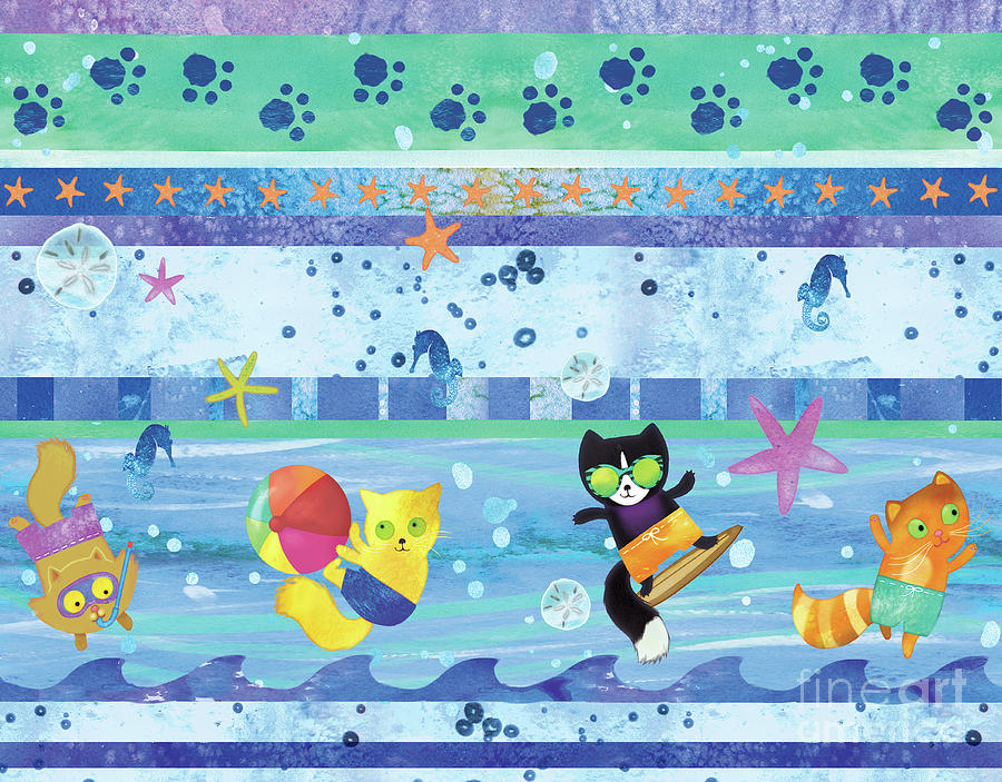 Pool Party Cats Painting by Tracy Herrmann