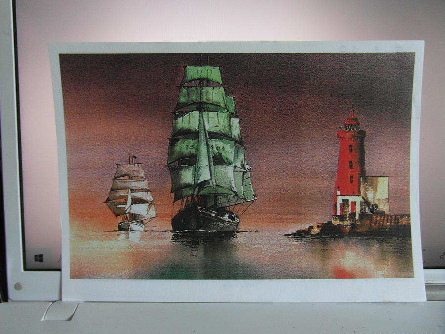 Poolbeg Lighthouse  1973 Painting by Val Byrne