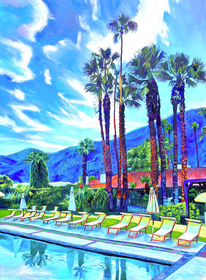 Poolside in Palm SpringsPalm Springs, pool, poolside, blue, yellow, mountain, storm, palms, desert,  Painting by Bonnie Lambert