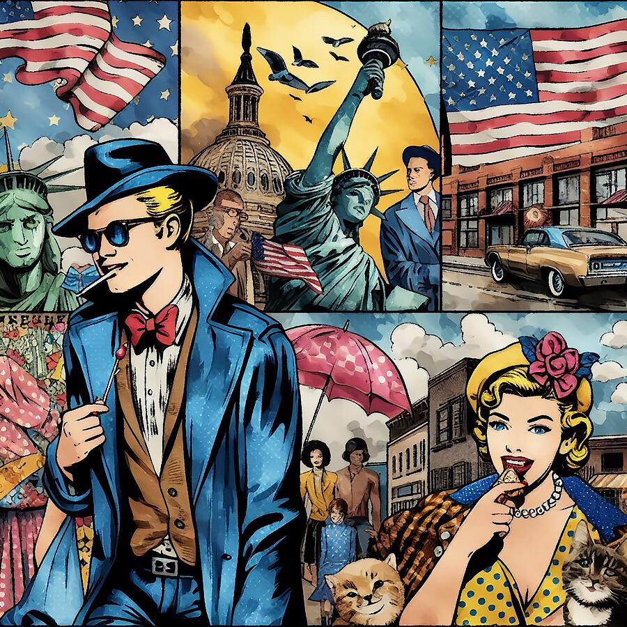 Pop art style image featuring various American cultural icons and ...