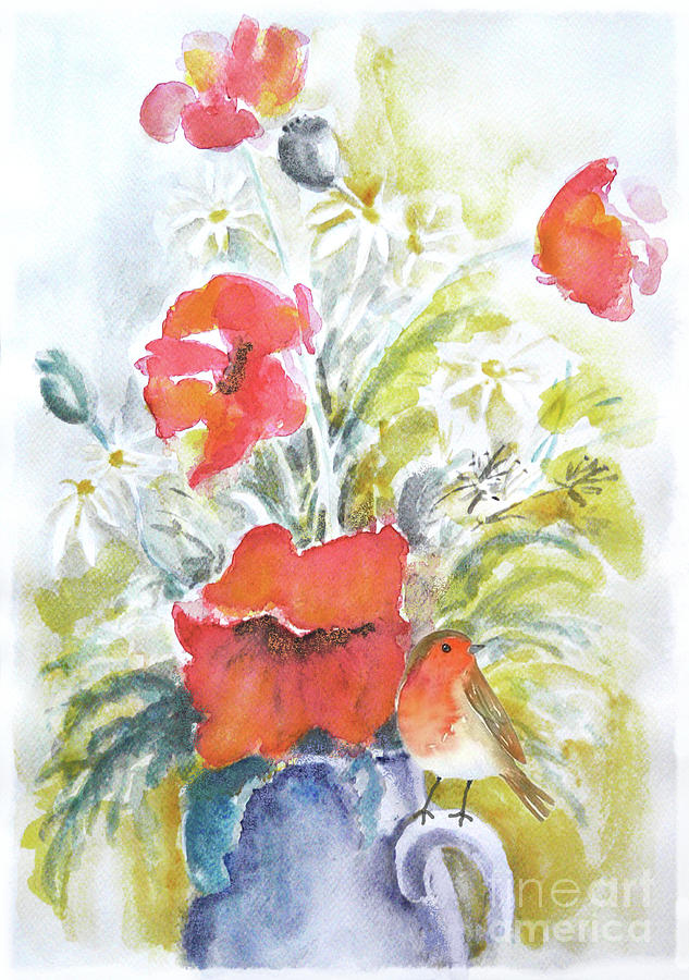 Poppies And Bird Painting by Jasna Dragun