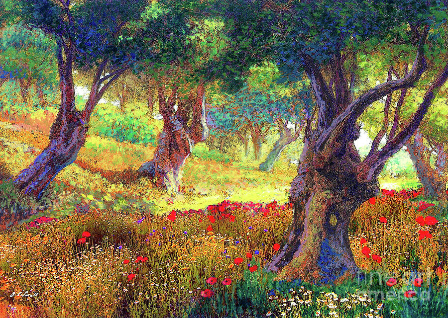 Tree Painting - Poppies and Olive Trees by Jane Small