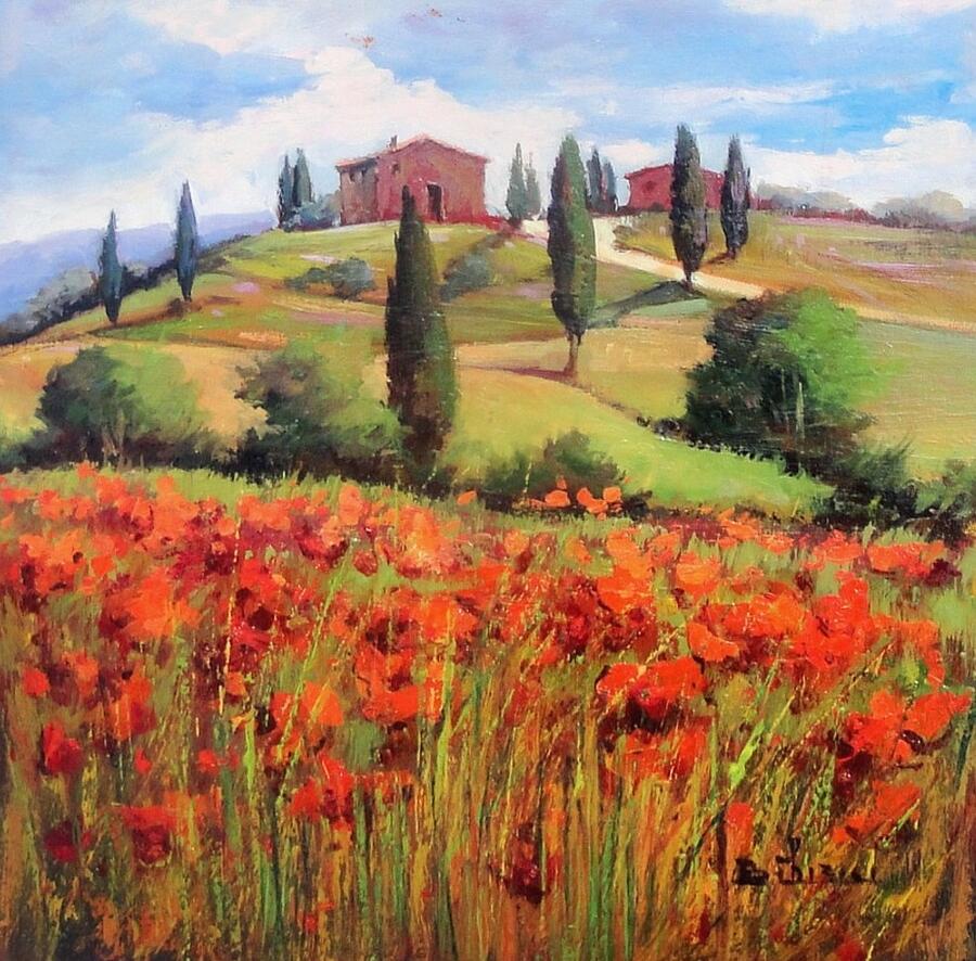 Poppies Field - Tuscany Painting Landscape Bruno Chirici Painting By 