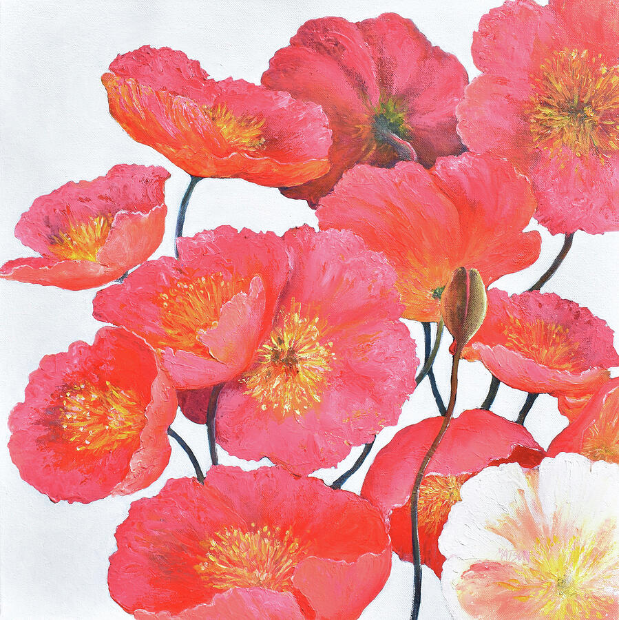 Coral Pink Poppies, flower painting Painting by Jan Matson