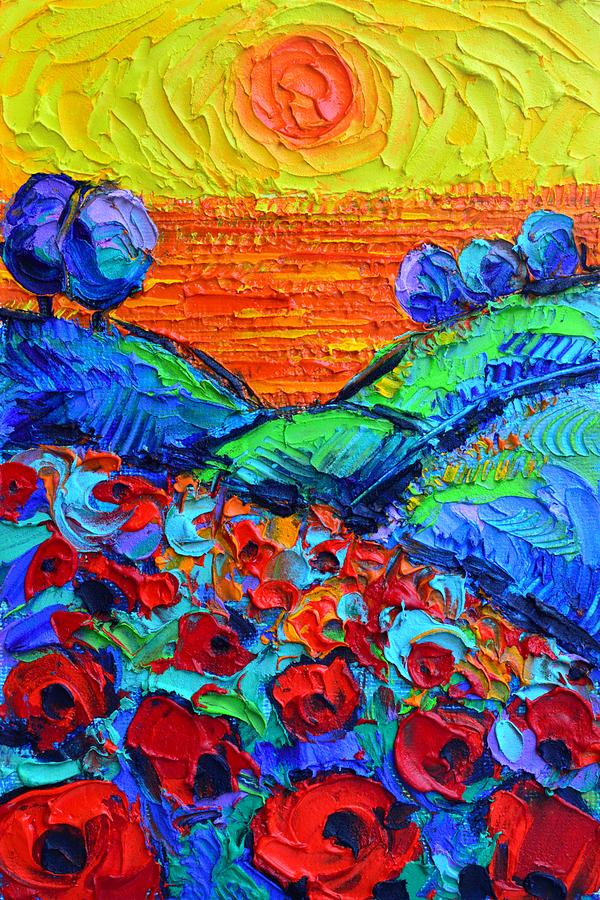 POPPIES HILLS BY THE SEA AT SUNSET textural impasto palette knife oil painting by Ana Maria Edulescu Painting by Ana Maria Edulescu