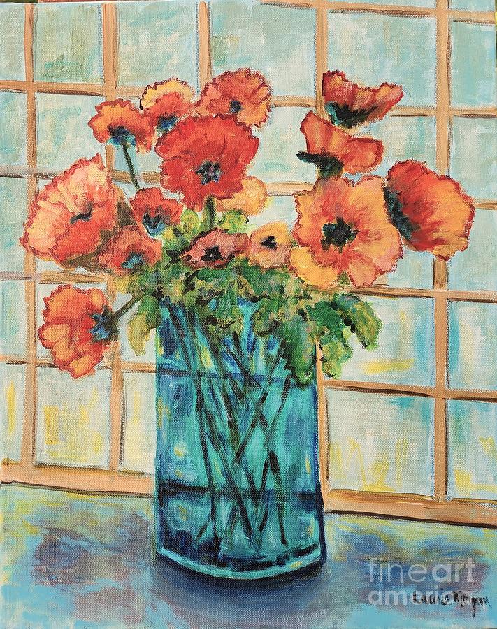Poppies in a Blue Vase Painting by Laurie Morgan