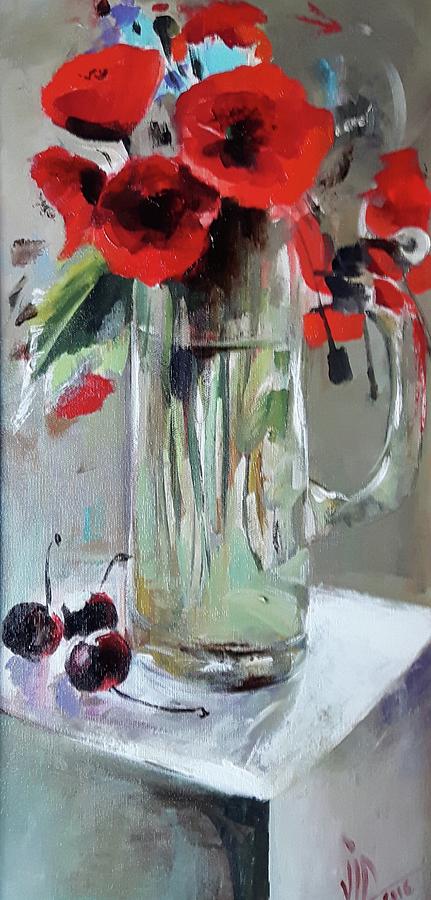 Poppies in a glass pint with may cherries on a cube oil on canvas  painting bu Vali Irina Ciobanu Painting by Vali Irina Ciobanu