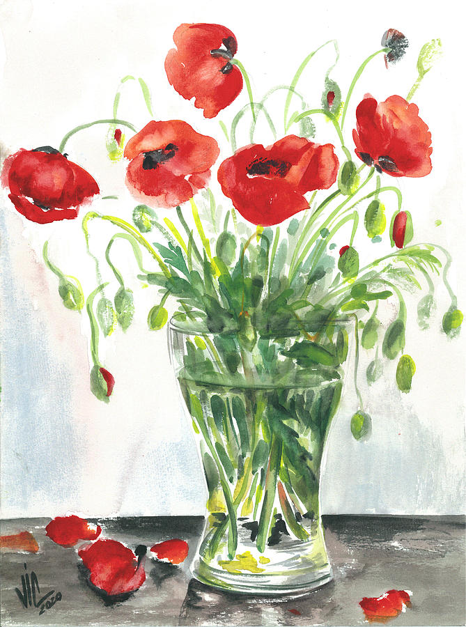 Poppies in a Ikea vase watercolor painting bu Vali Irina Ciobanu  Painting by Vali Irina Ciobanu