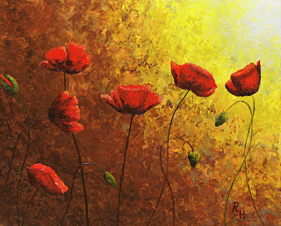 Poppies in golden sun Painting by Russell Hinckley