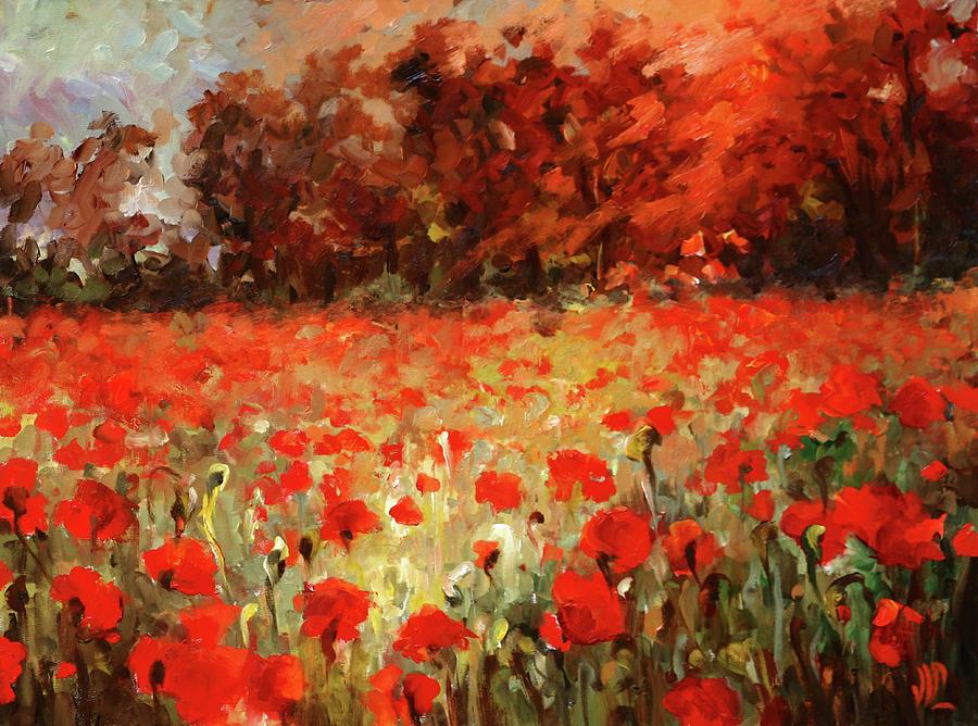 Poppies in the forest at sunset painting by Vali Irina Ciobanu Painting by Vali Irina Ciobanu