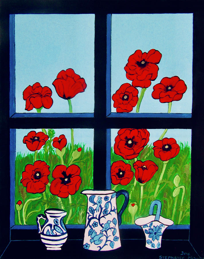 Poppies in the Window Painting by Stephanie Moore
