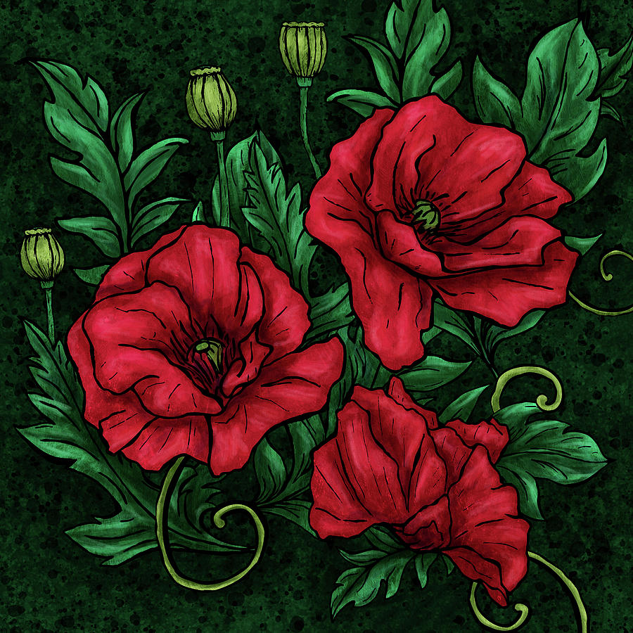 Poppies on dark green background pattern, Red and green poppies Painting by Nadia CHEVREL