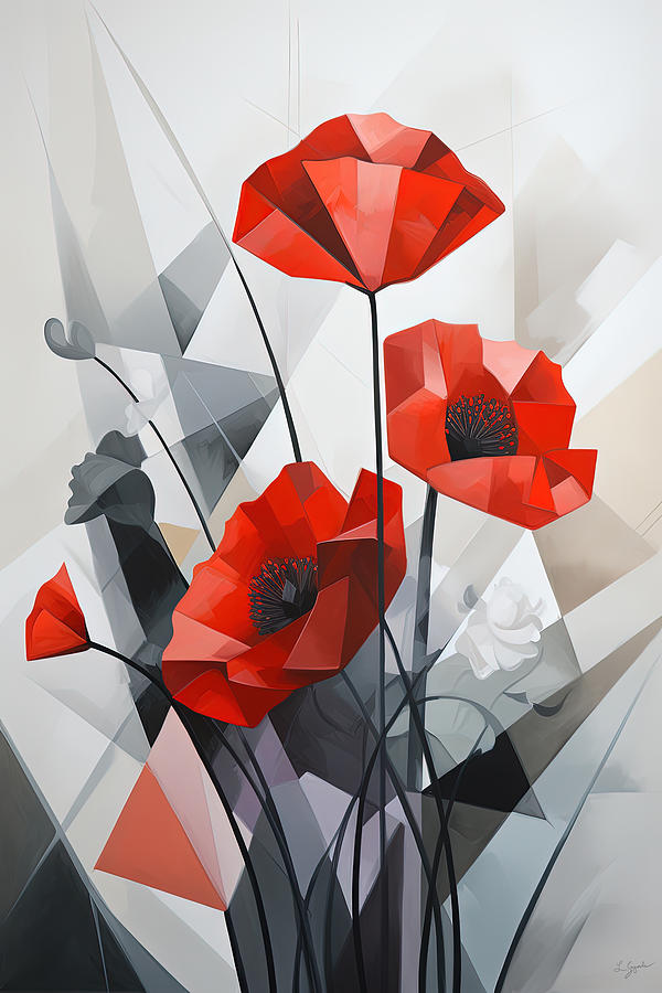 Poppies Reimagined in Sharp Lines - Modern Flower Art Painting by Lourry Legarde