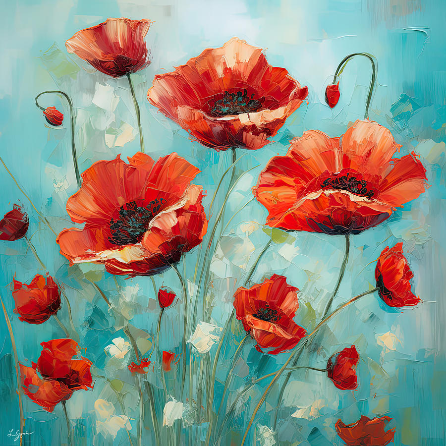 Poppies Upheaval - Turquoise and Red Flowers Painting by Lourry Legarde