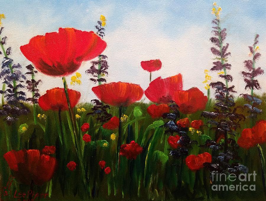Poppies With Delphinium Painting by Lee Piper