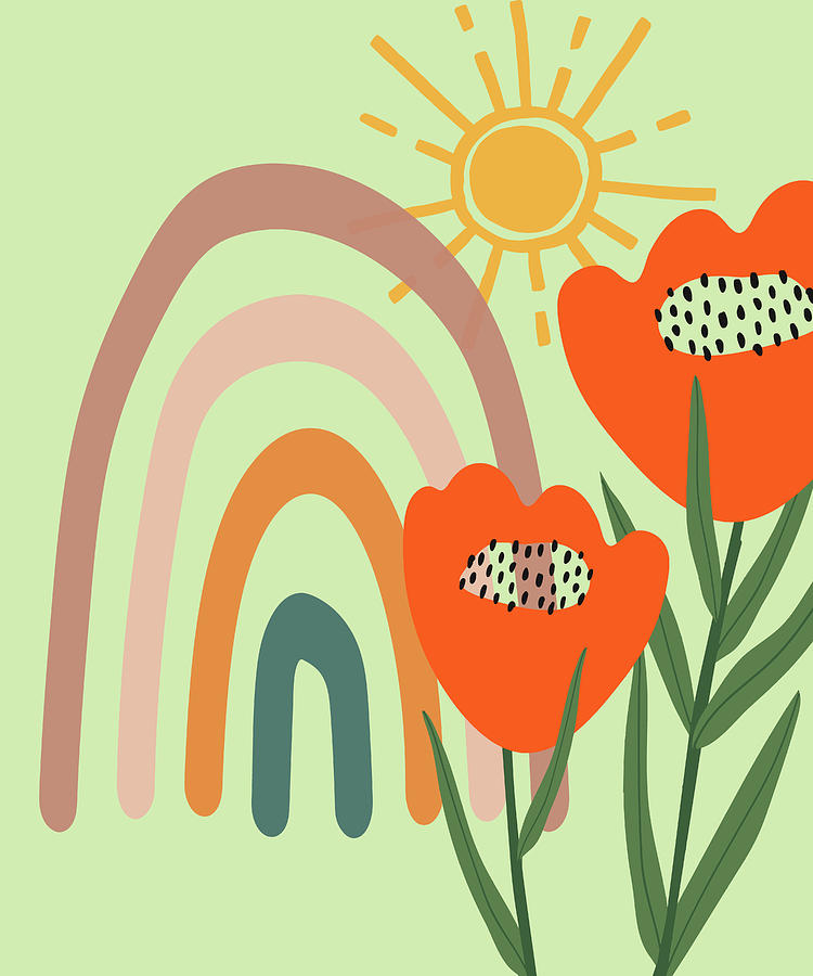 Poppy Blooming Flower Minimal Art Print Rainbow Sun Print Doodle ...