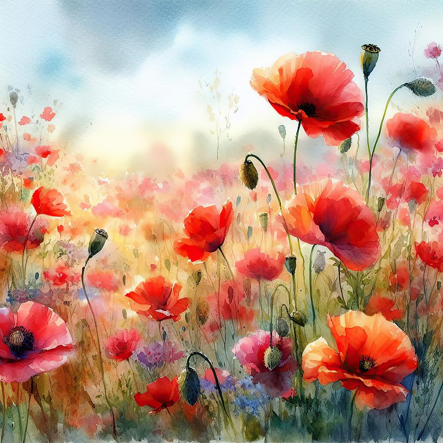 Poppy Flower Field Digital Art by Kim Hojnacki
