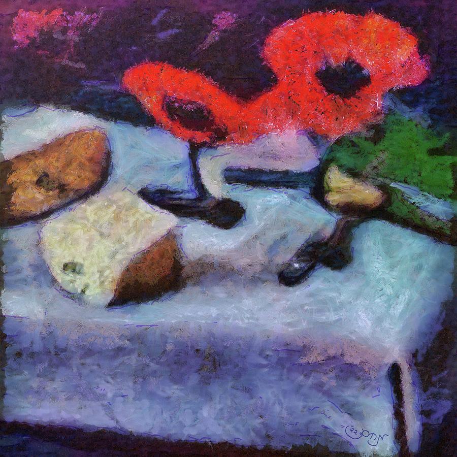 Poppy flower still life w cheese table kitchen tools and table cloth fabric in purple green red pink Painting by MendyZ