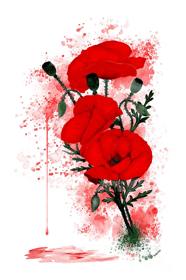 Poppy flowers in brilliant red with color splashes Painting by Renate Janssen