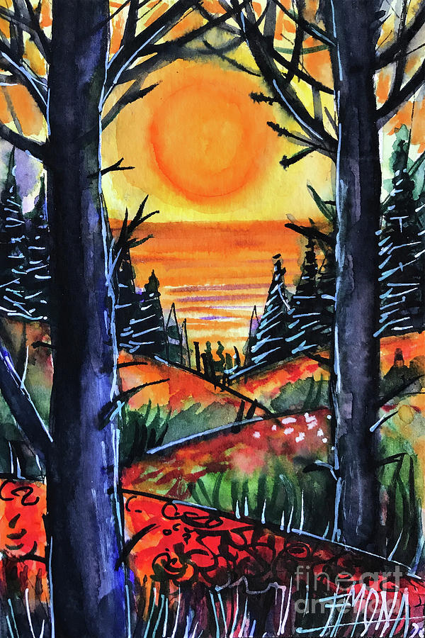 Poppy Hills beneath the Trees - watercolor painting Mona Edulesco Painting by Mona Edulesco