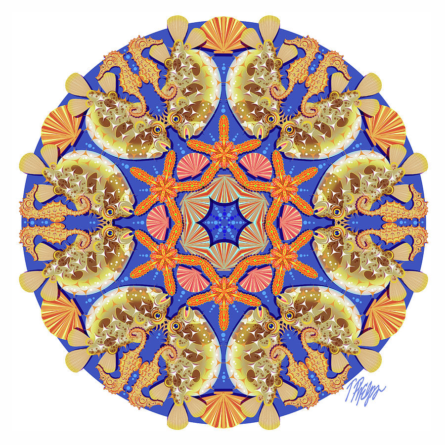 Porcupine Fish and Starfish Nature Mandala Digital Art by Tim Phelps