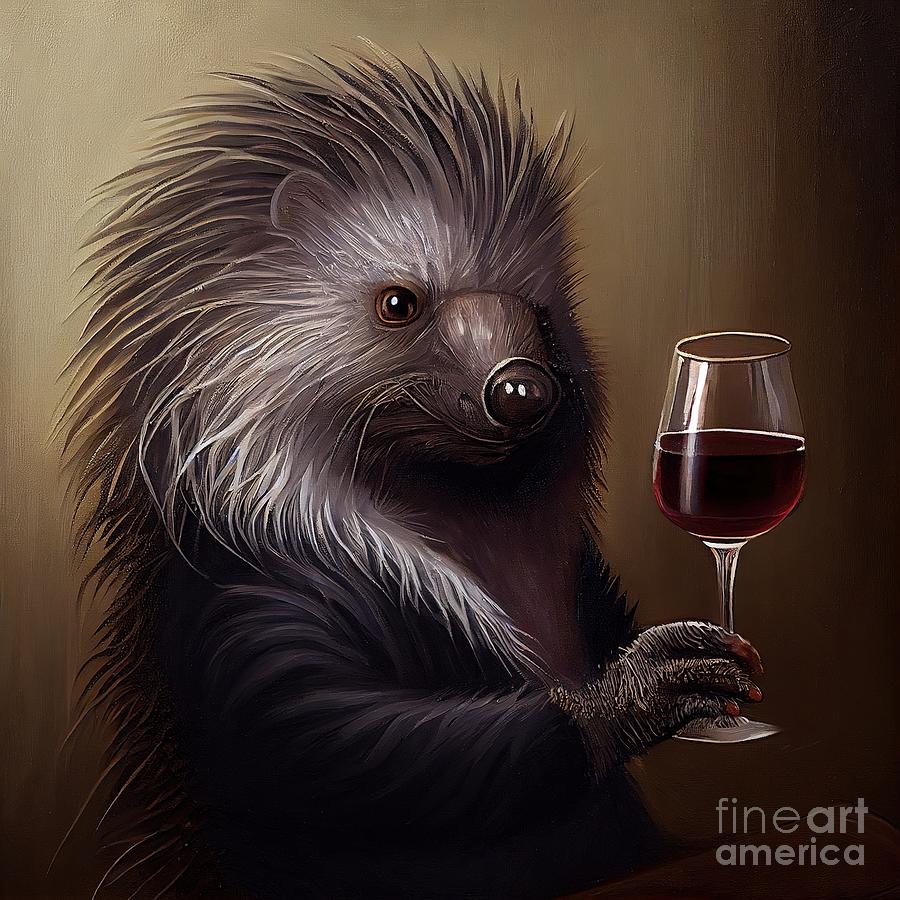 Nature Painting - Porcupine Having Drink by N Akkash