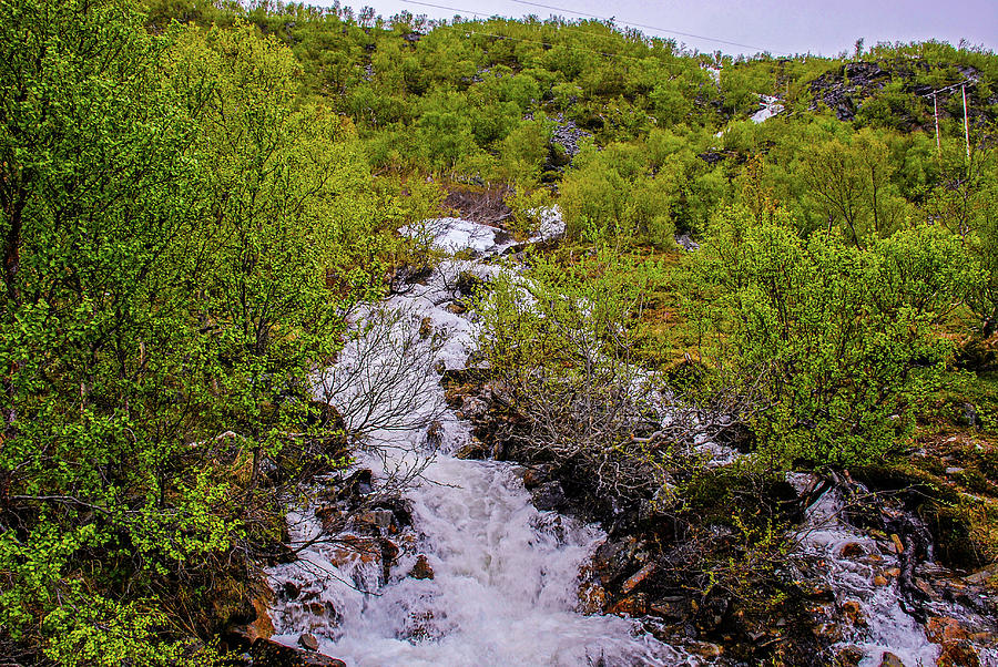 Porsangenfjord Snow Melt Waterfall Pastel by Les Hutton