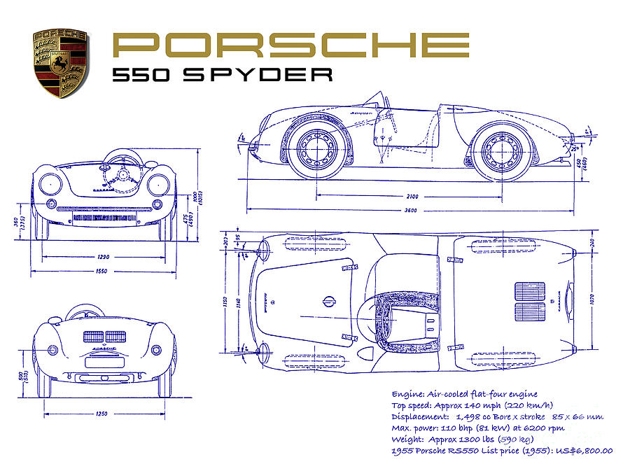 Porsche 550 Spyder Blueprint  Drawing by Jon Neidert