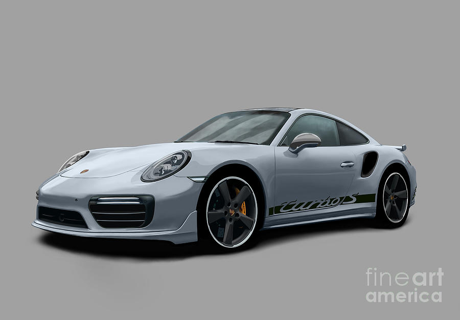 Porsche 911 991 Turbo S Digitally Drawn - Grey with side decals script Digital Art by Moospeed Art